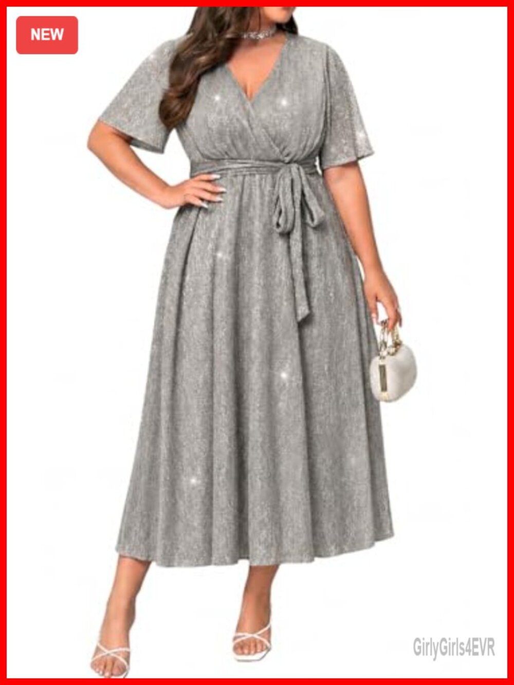 Plus Size Sheer Mesh Sleeve High Waist Tea Length Party Dress